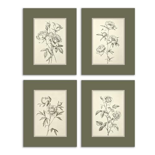 AJIPUX Vintage Peony Rose Floral Wall Art Prints Set of 4, Sage Green Minimalist Botanical Flower Sketch Wall Decor for Home Bedroom Living Room, 8x10 Unframed