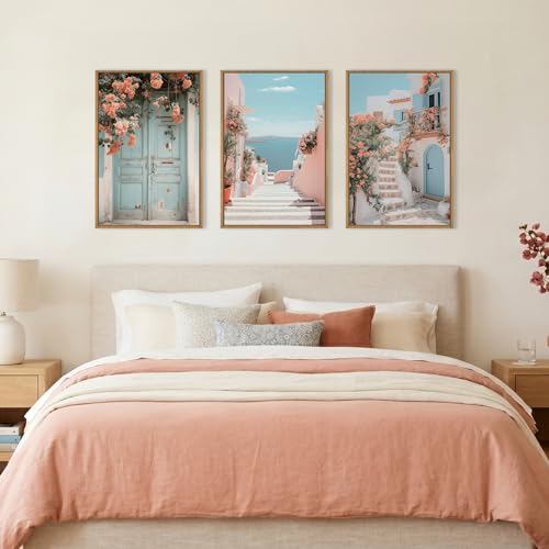 Image of KAIRNE Italy Amalfi Coast Cityscape Framed Canvas Wall Art Set,Neutral Italian Mediterranean Wall Decor,Greece Island Landscape Wall Painting,Florida Beach Artwork for Living Room,Bedroom-16 x24 x3