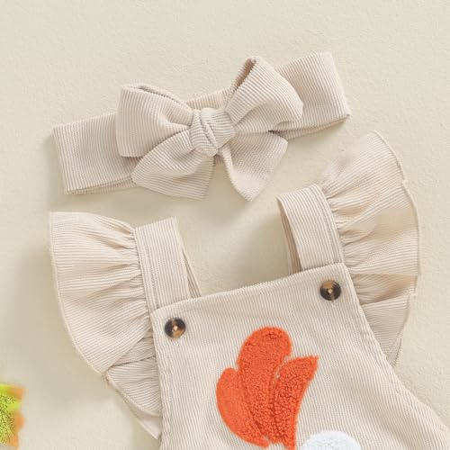 Karuedoo Newborn Baby Girl Thanksgiving Outfit Turkey Embroidery Ruffle Sleeveless Romper Backless Bodysuit with Headband4