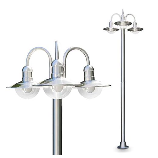 Utomhuslampa Elima, kandelaber i rostfritt stål i modern design, med glaslampskärmar 3-armad vägbelysning 200 cm, trädgårdslampa med E27-fattning, max. 60 Watt vardera
