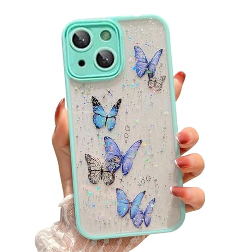 Image of VONZEE for iPhone 15 Clear Glitter Butterfly Case, Cute Bling Sparkle Shiny Soft TPU Bumper Shockproof Women Girls Slim Protective Phone Cover for iPhone 15 6.1 inch,Mint Green