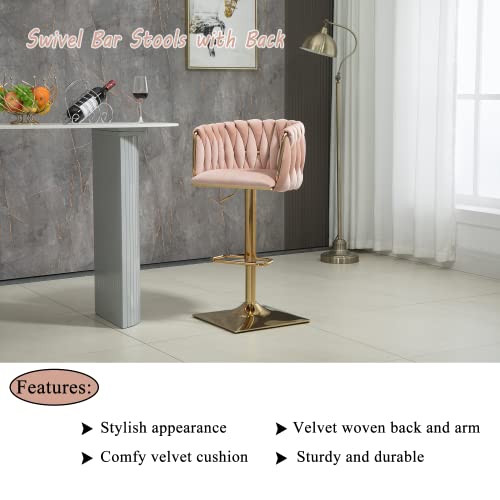 Homtique Bar Stool,Velvet Woven Bar Stools,Adjustable Counter Height Swivel Barstools With Low Back And Gold Base For Kitchen Island,Pub,Dining Room (2, Pink) #TOP3