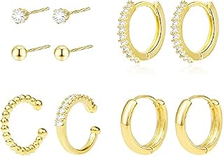 Gold Earrings Set, 14k Real Goldplated Hoop Earrings For Women, Small Mini AAA+ Zirconia Studs, 6 Pairs Sterling Silver 925 Hypoallergenic Multiple Gold Cartilage Huggie Hoop Studs Earrings Set