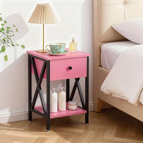 Image of VECELO Nightstands, Modern Bedside End Tables Set of 2, Night Stand with Drawer and Storage Shelf for Living Room Bedroom, Industrial Metal Frame