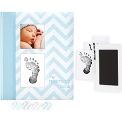 Pearhead First 5 Years Chevron Baby Memory Book with Clean-Touch Baby Safe Ink Pad to Make Baby's Hand or Footprint Included, Blue | Included Clean-Touch Ink Pad to Make Baby's Hand or Footprint, Guided Milestone Pages, First Years, Expecting Parent Gift