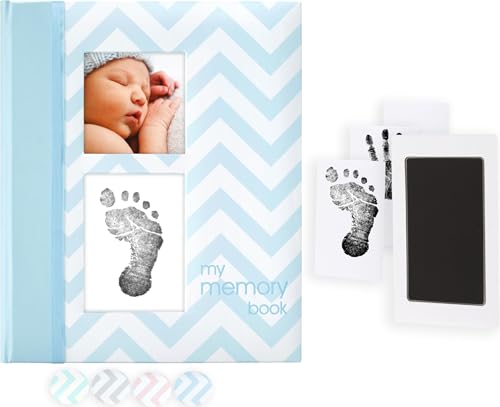 Image of Pearhead First 5 Years Chevron Baby Memory Book with Clean-Touch Baby Safe Ink Pad to Make Baby's Hand or Footprint Included, Blue