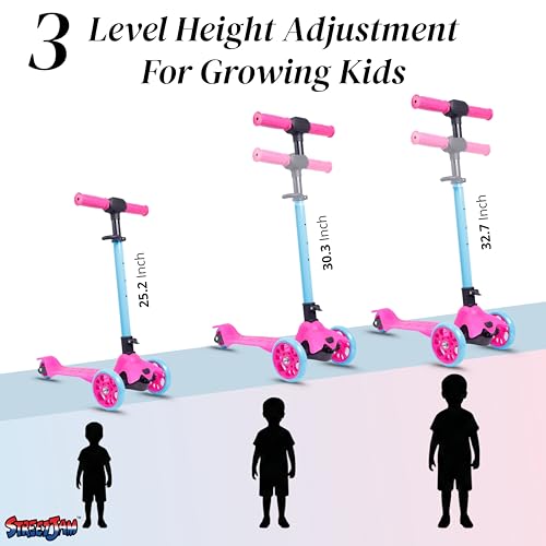 Image of STREETJAM Komiks Kids Kick Scooter for 3-12 Years, Tilt & Turn Safety Lock (1st Time in India), BIS Approved, Lean-to-Steer, Wide Deck, Adjustable Height, Up to 35 kg Load (Magenta with Cyan Blue)