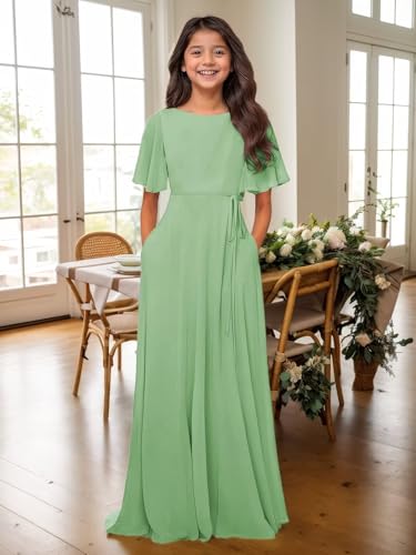 Junior Bridesmaid Dresses for Girl Chiffon Short Sleeve Bateau Neck Formal Party Gown A-Line Flower Girl Dress4