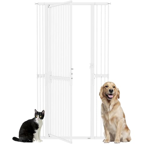 PawHut Cancelletto di Sicurezza per Cani Gatti Alto 180cm, Estensibile 76-104 cm, Cancellino per Cani, Spazio Extra Stretto 3.5cm, Montaggio a Pressione per Scale e Porte, Chiusura Manuale, Bianco