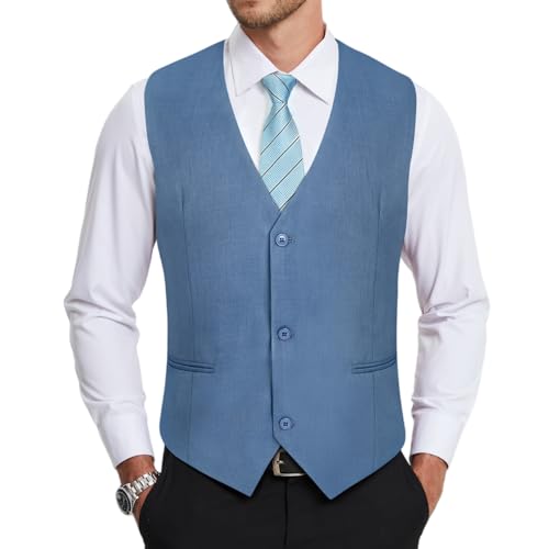 HISDERN Chaleco Hombre Azul Claro Formal Elegante Chalecos de Vestir Hombre para Boda Fiesta Negocio Clásico Color Liso Traje con Bolsillo 2XL