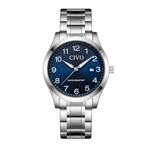 CIVO Silver Analog Watches for Men: Waterproof Quartz Stainless Steel Large Numbers Wristwatch with...
