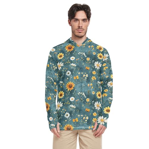 Autumn Flowers Sunflower Lily Teal Sun Shirts Hoodies for Men Long Sleeve Sailing Rash Guard UPF 50+ Golf Shirt S