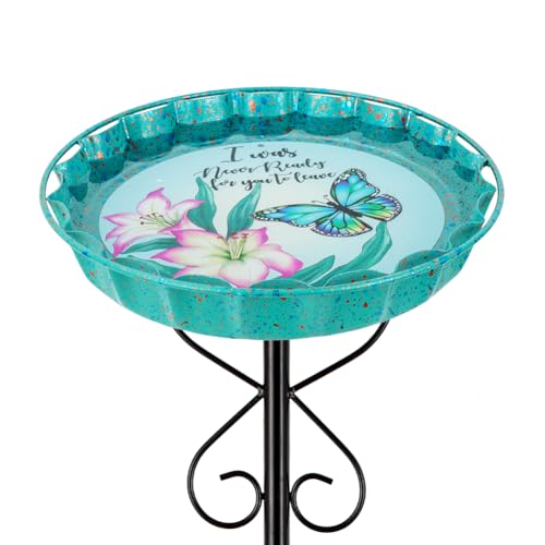 Venniy Metal Bird Bath for Outside Cyan Bird Baths for Outdoors Butterfly Pattern Metal Disc Birdbath Standing Bird Feeder for Garden,Patio,Lawn Decor