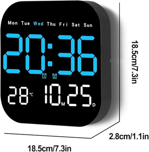 Image of 15-Inch Digital Wall Clock with Large LED Display - Remote Control, Auto-Dimming, Night Light, Date, Day, Temperature, DST Function - Ideal for Living Room, Bedroom (Square 9 inch Blue)