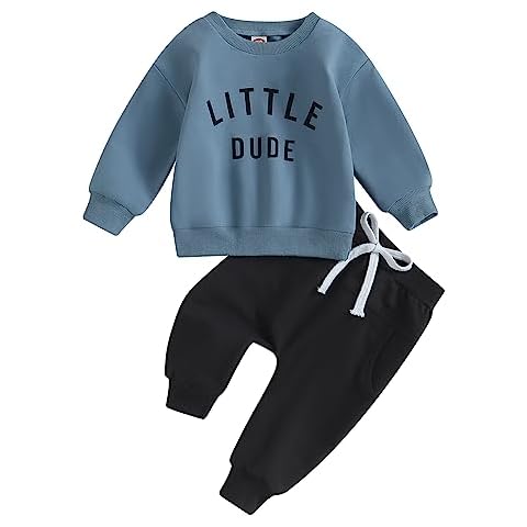 wdehow Toddler Baby Boy 2Pcs Outfits Letters Print Pullover Tops + Drawstring Pants Set Fall Winter Clothes (C-Blue, 2-3 Years) Cover