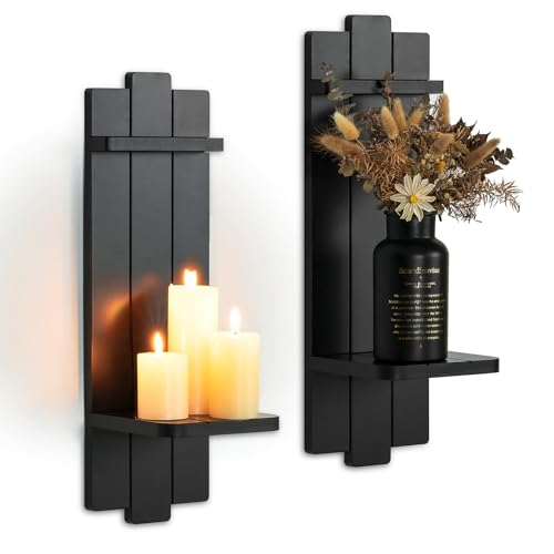 Walasis Portavelas negro decoración de pared de granja - Gran candelabro rústico de madera para velas de columna - decoración gótica para baño sala de estar