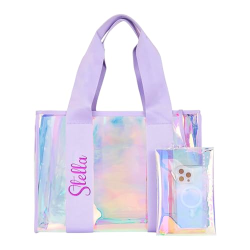 Personalized Soap Bubble Beach Tote - Iridescent Waterproof Clear Tote Bag with Phone Pouch for Women, Tip-Proof Travel Essentials for Pool, Cruise, Bachelorette & Personalized Gifts