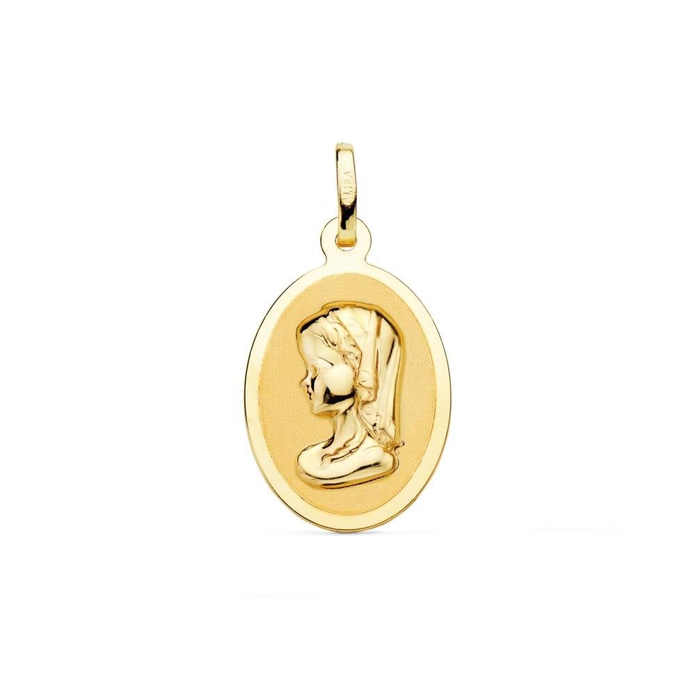 Virgen Niña Medalla de Oro 18k para Primera Comunión en 21mm. acabada en brillo y forma ovalada