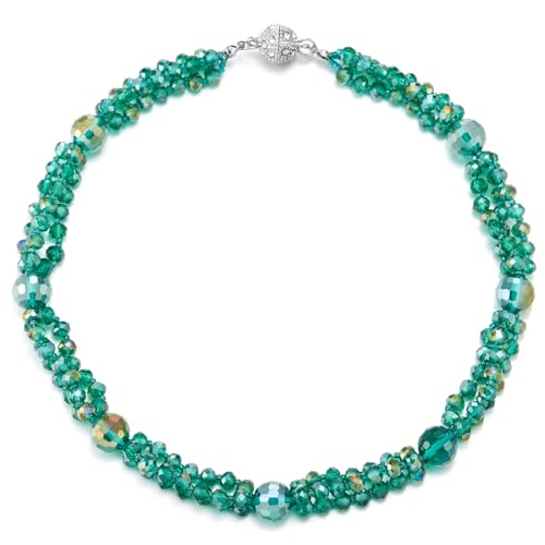 COOLSTEELANDBEYOND Verde Cuentas Cristal Cluster Statement Collar Trenzado Cadena Gargantilla Choker Collar, Cierre Magnético