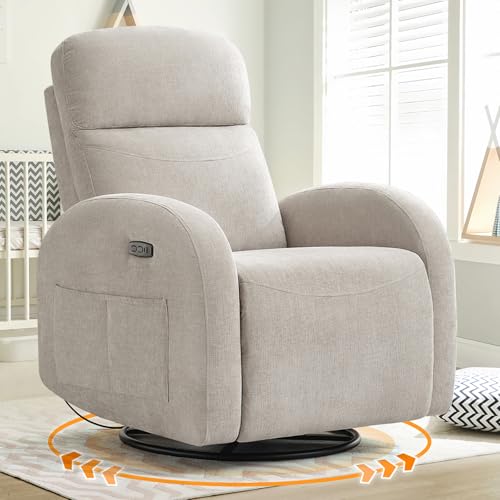 Image of AEMEIOS Nursery Glider Recliner, Power Swivel Rocking Recliner with USB & Type-C Port, Swivel Nursering Reclining Rocker with Double Pockets for Living Room, Camel Chenille