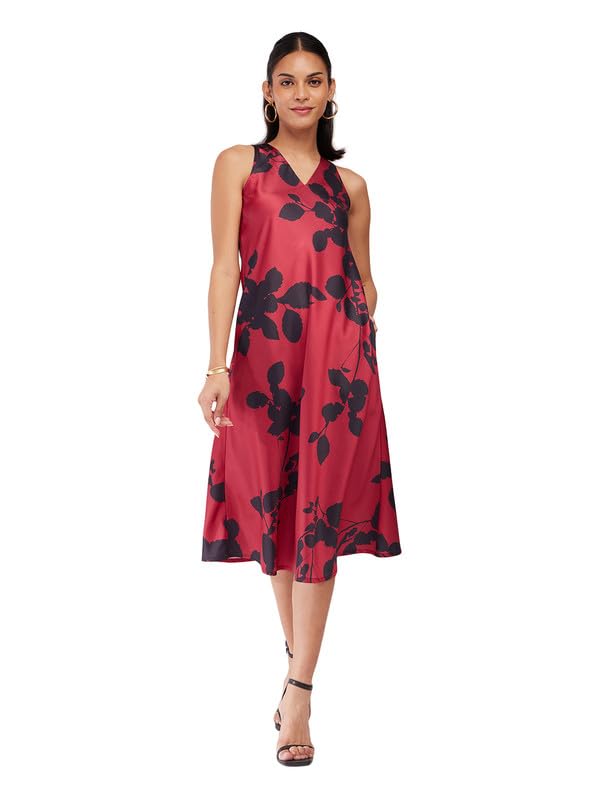 Image of FableStreet Women Party Dress | Elegant A-Line Fit Midi Length V-Neck Sleeveless | Lustrous Satin Fabric for Evening Gatherings & Celebrations