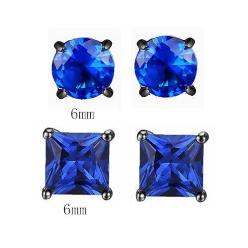 2 Pairs Hypoallergenic Mens Black CZ Stud Earrings Stainless Steel Princess Square Cut Cubic Zirconia Earring Studs for Sensitive Ears 6mm2