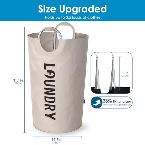 Image of 130L Laundry Basket with Tech Handle, 2in1 Large Dirty Clothes Hamper Beige | Hand or Shoulder Carry, Collapsible Foldable Bin, Plastic Handle, 600D Oxford with Waterproof PE Coating for Dorm, Bathroom