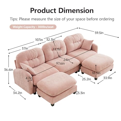 Image of KEIKI 107 inch U-Shaped Oversized Chenille Modular Sectional Sofa with 2 Ottoman, High-Density Foam Cushions, Tufted Pleated Cushion Backrest, Modern 3-Seater Couch with 2 Pillow, for Living Room, Pink