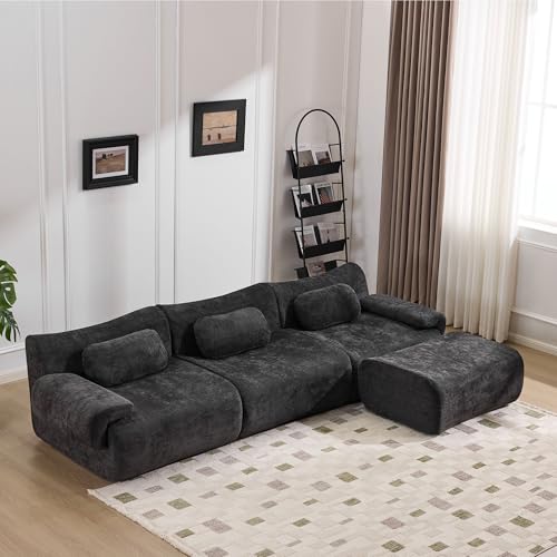 Modular Sectional Sofa with Chaise, Bamboo Joint Shape Chenille Fluffy Couch, 3+1 Seater Deep Seat Boneless Sofa Couch with 3 Pillows, No Assembly Cloud Sectional Sofa for Living Room(Black)