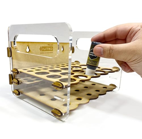 Image of Mobile Paint Caddy | 15 Bottles + 18 Brushes | 26mm Vallejo Dropper | Carry loaded with one hand | Also fits Army Painter, AK Interactive & Reaper | MDF & acrylic, snap-together, no glue | 18mL