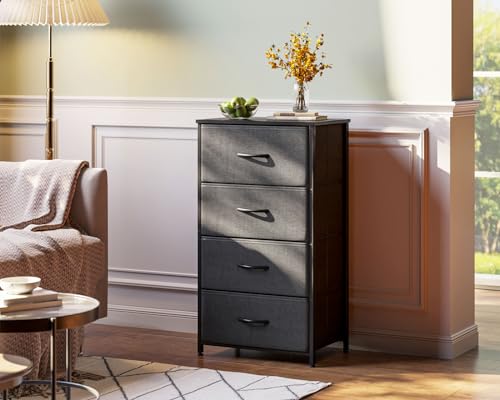 Image of AODK Dresser for Bedroom with 4 Storage Drawers, Small Dressers Chest of Drawers Fabric Dressers with Sturdy Steel Frame, Dresser for Closet with Wood Top, Dark Grey