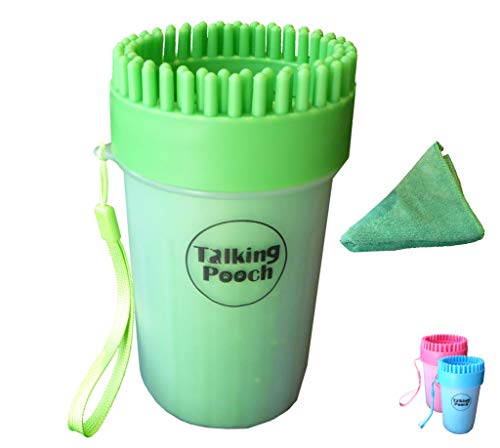 Talking Pooch Dog Paw Cleaner (Green) - Portable Cup with Silicone Brush & Gentle Bristles with Towel for Cleaning Dirty Muddy Pet Paws