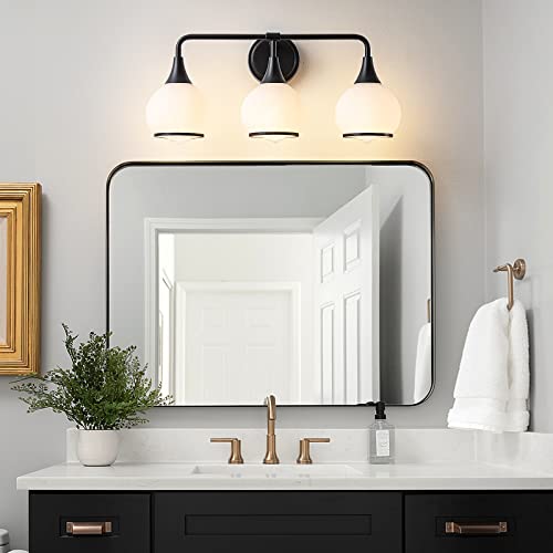 Image of Black Bathroom Light Fixtures 3-Lights Vanity Lights with Milky White Frosted Glass Shade Bathroom Vanity Light 22.4 inch Wall Sconce Lighting Bath(Exclude E26 Bulb)