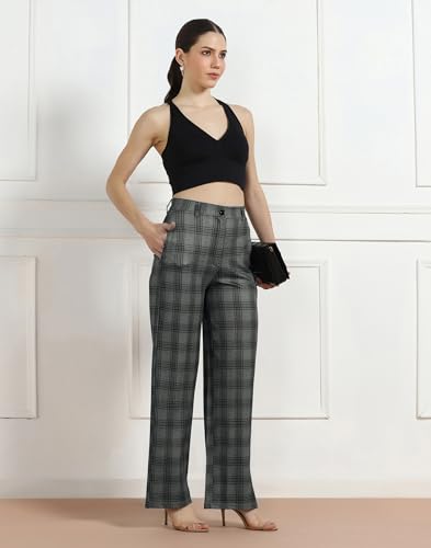Image of Selvia Women's Straight Leg Printed Checks Pants with Pockets Comfort Fit Trousers