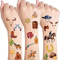 Qpout 10 Sheets Cowboy Temporary Tattoos Western Horse, Rodeo Hats, Boots & Face Stickers - Perfect for Boys Cowboy Crafts & Western Party Favors