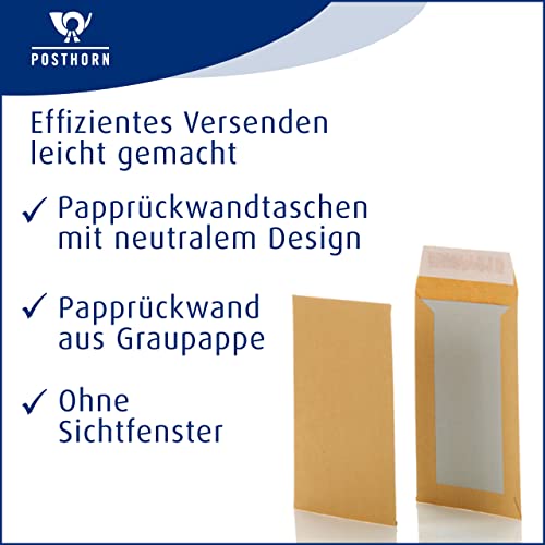 POSTHORN Papprückwandtasche C5 (250 Stück), haftklebende Versandtasche mit Papprückwand, braune Versandtaschen mit Rückwand aus Graupappe für starken Halt, 229x162 mm, 90/450g/m², Mittel