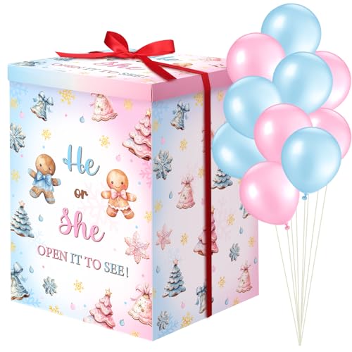 Hungdao Gender Reveal Balloon Box with Ribbon and 10 Pink and Blue Balloons Gender Reveal Games He or She Open to See for Party Decoration 12