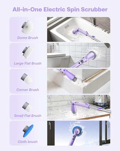 Image of Electric Spin Scrubber, Cordless Cleaning Brush with 440RPM /90Mins Runtime, 3 Adjustable Angles&Sizes, 6 Replaceable Brush Heads, 2 Speeds for Bathroom Glass, Bathtub, and Shower, Car Cleaning, Purple