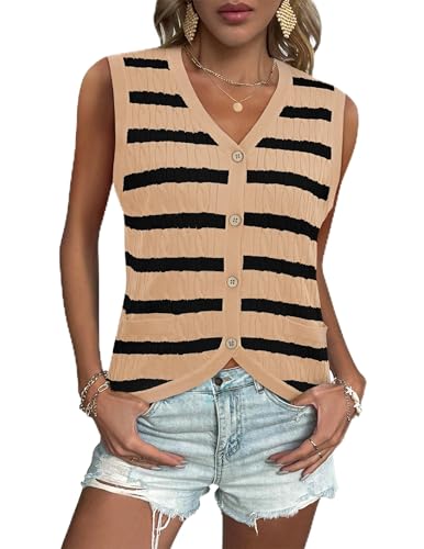 Image of LOOKBOHO Women V Neck Sweater Vest Cable Knit Button Down Striped Tank Top Casual Crochet Knitted Sleeveless Cardigan