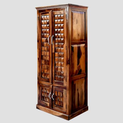 Image of Solid Wood Diamond Cut Four Door Almirah /Wardrobe /Cabinet with Storage of Four Shelves and Two Drawers (Natural Oak)