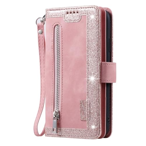 Housse iPhone 17 Air or rose en cuir à rabat pour voyager léger avec cartes et dragonne chic