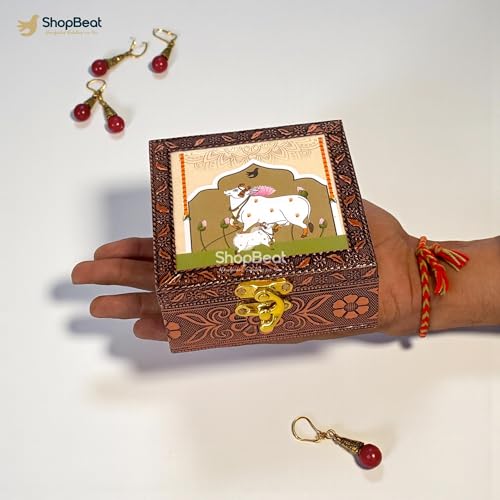Image of Wooden Jewellery Box for Women - Ivory Sand | Handcrafted Pichwai Design with Lock | 4x4 Inch Organizer for Earrings Rings | Return Gift for Wedding Diwali Pooja