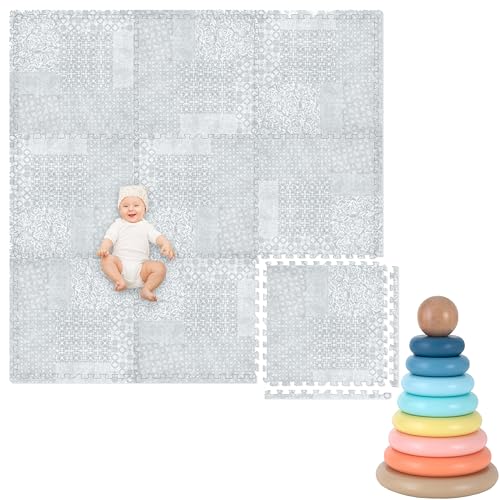 Play Platoon Non-Toxic Kids Play Mats for Floor, Extra-Thick Foam Tiles, Playmat for Toddlers & Childrens Playroom, Wooden Rainbow Stacking Toy Ring Stacker Toy, Educational Interactive Learning Toys