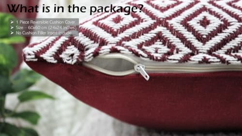 Image of Reversible 24x24 Inch Maroon Cotton Argyle Woven Pack of 1 Fashion Throw Pillow Covers Cases for Couch Sofa Home Decoration | 60 x 60 cm
