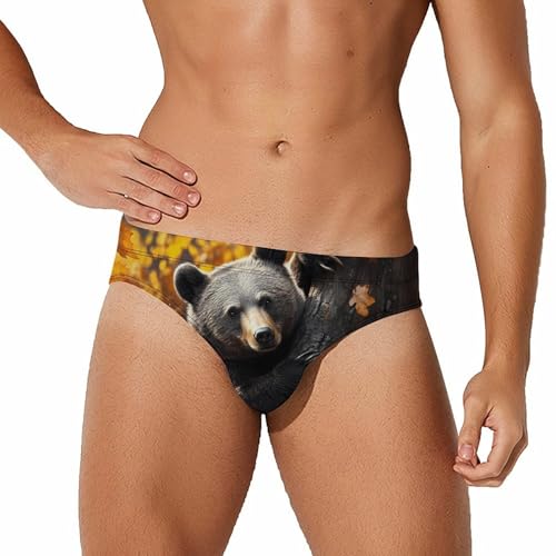 Bear Climbing on A Tree Printed Swim Briefs for Men Sexy Bikini Swimwear Elastic Beach Trunks Bathing Suit