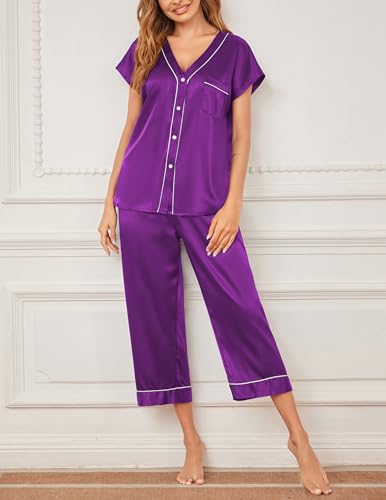 Ekouaer Satin Pajama Set Womens Short Sleeve V Neck Silky Shirt with Capri Pant Button Down PJs Soft Satin Loungewear3