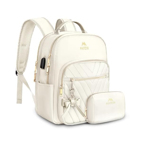 MATEIN Cute Backpacks for Women, Mini Stylish Daypack Purse with USB Charging Port, Waterproof Anti-theft Travel Casual Daily Rucksack Shoulder Handbag for Work College Dating, 2pcs Sets, Beige