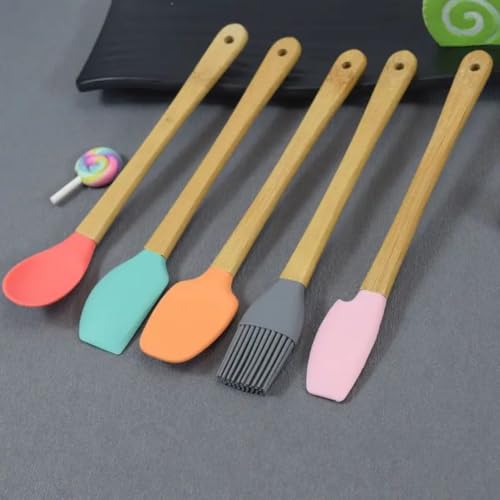 Image of Dribble Mini Silicone Spatula Set with Bamboo Handles | 5-Piece Non-Stick Heat Resistant Kitchen Utensil Set | Food Grade Silicone Cooking Spatulas for Baking, Mixing, Scraping & Cooking