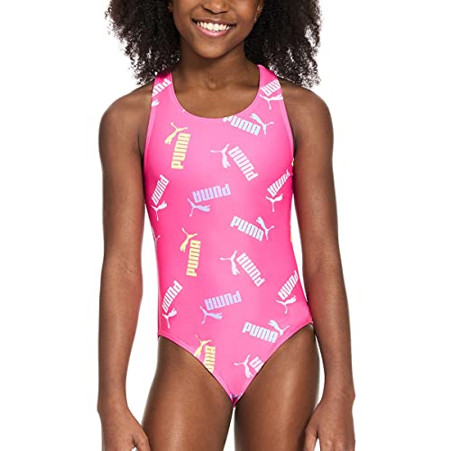 Image of PUMA Girls Sizes 7-16 All Over Print Logo Crossback One Piece Swim Bathing Suit (Ravish Pink, Medium)