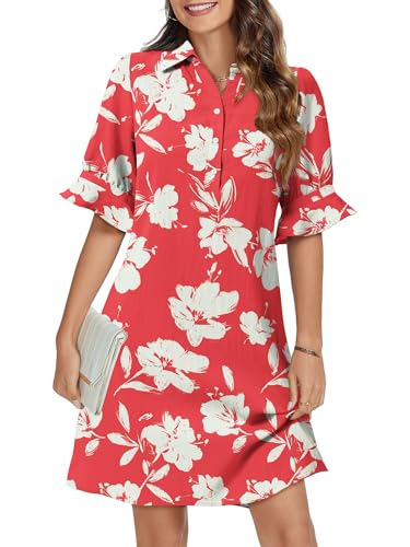Image of FENSACE Womens Casual Shirt Dress Ruffle Sleeve Button Down Shift Summer Dresses with Pockets
